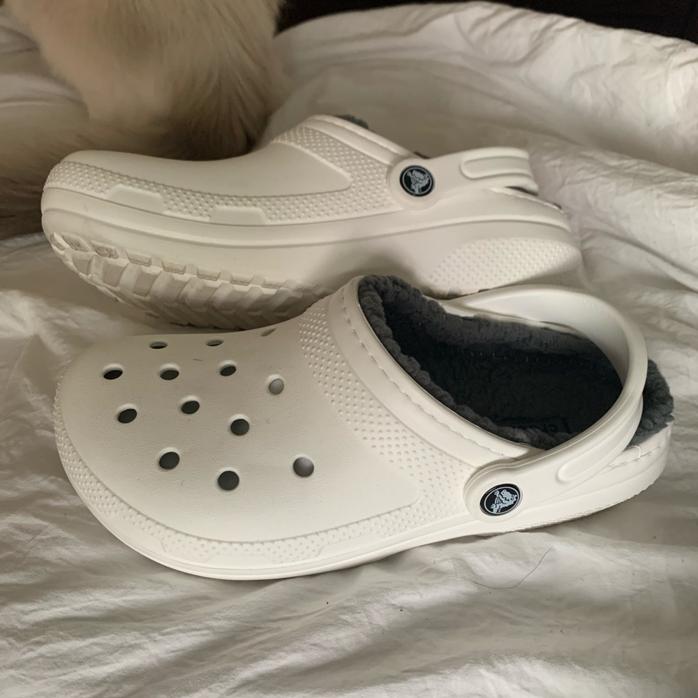White fur lined crocs